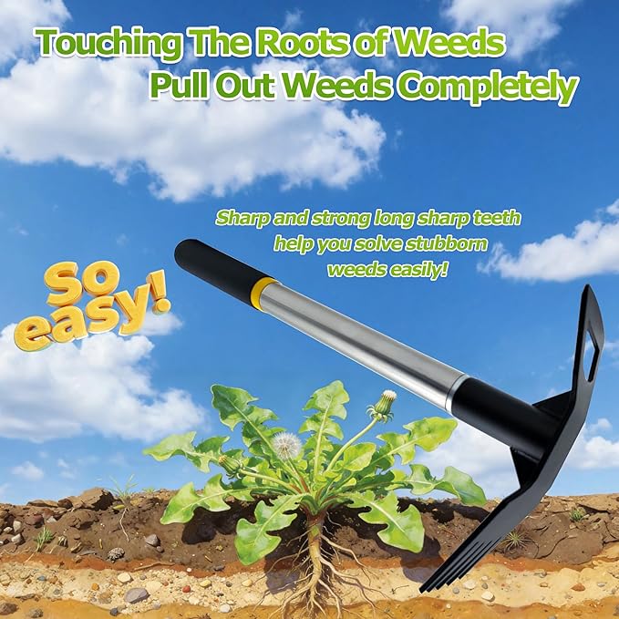 2 in 1 Weed Tool, 15.7" Short Handle Weed Rake with 5-Tine Head, Small Garden Hoe for Weeding in Flower Beds, Courtyards & Narrow Gaps