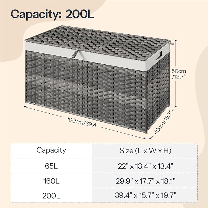 HOOBRO Storage Basket with Lid, 52.8 Gallon (200L) Wicker Basket, Handwoven Blanket Storage Basket with Handles, Metal Frame and Soft Lining, Foldable for Bedroom, Laundry Room, Gray GY220CW01