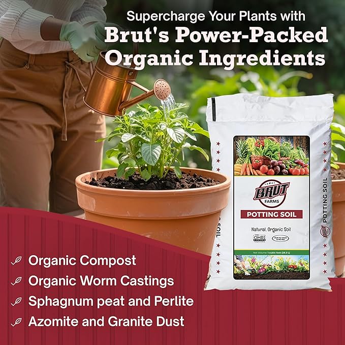 Brut Organic Potting Soil 1 CU FT – Premium Plant Soil with Organic Worm Castings, Trace Minerals & Perlite – Chemical-Free, Filler-Free – Ideal Potting Mix for Indoor & Outdoor Plants – Pack of 2