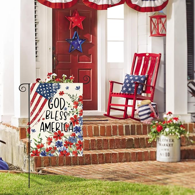 AVOIN colorlife 4th of July Patriotic Memorial Day Garden Flag 12x18 Inch Double Sided Outside, American Stars and Stripes God Bless America Floral Yard Outdoor Decoration