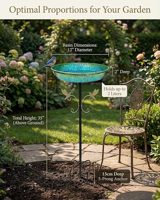 35" Metal Bird Bath for Outside Standing Metal Bird Bath Stake in Ground Iridescent Blue Green Birdbath with Scientifically Designed Color Lure for Birds 12" Detachable Bowl for Garden Patio Yard