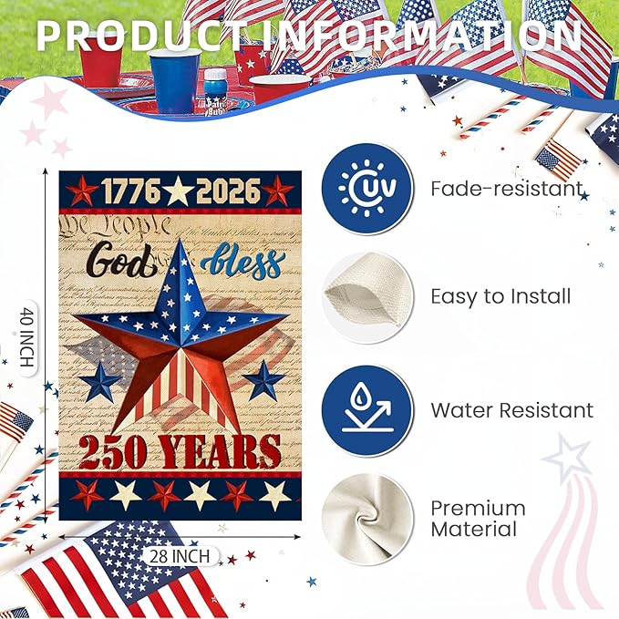 250 Anniversary USA Garden Flags for Outside, 4th of July 250th Years American Patriotic Banner, Blessing United States 12x18 Inch Double-Sided with Retro Star, 1776-2026 Yard Merchandise Decoration
