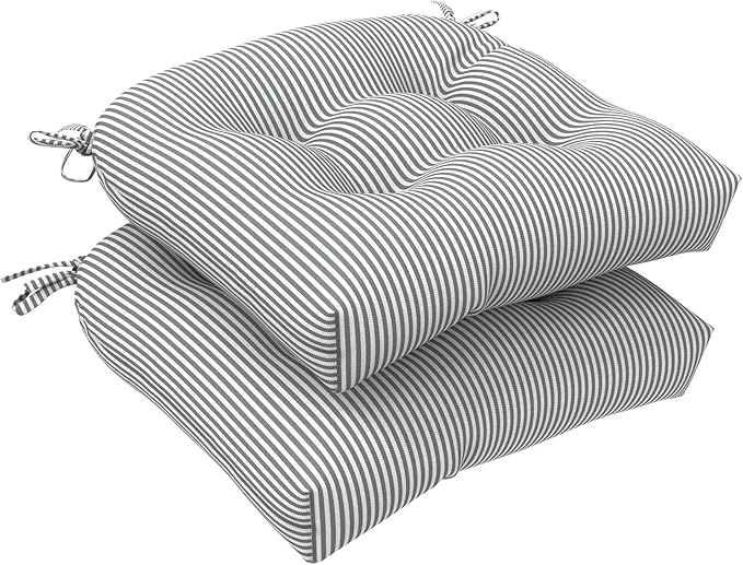 DYTXIII Set of 2 Outdoor Chair Cushions 19"x19"x4", Water Repellent Tufted Patio Seat Cushions with Ties, Thick Replacement Pads for Wicker Dining Chairs, Patio Furniture, Stripe Grey