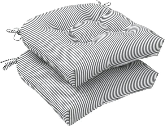 DYTXIII Set of 2 Outdoor Chair Cushions 19"x19"x4", Water Repellent Tufted Patio Seat Cushions with Ties, Thick Replacement Pads for Wicker Dining Chairs, Patio Furniture, Stripe Grey