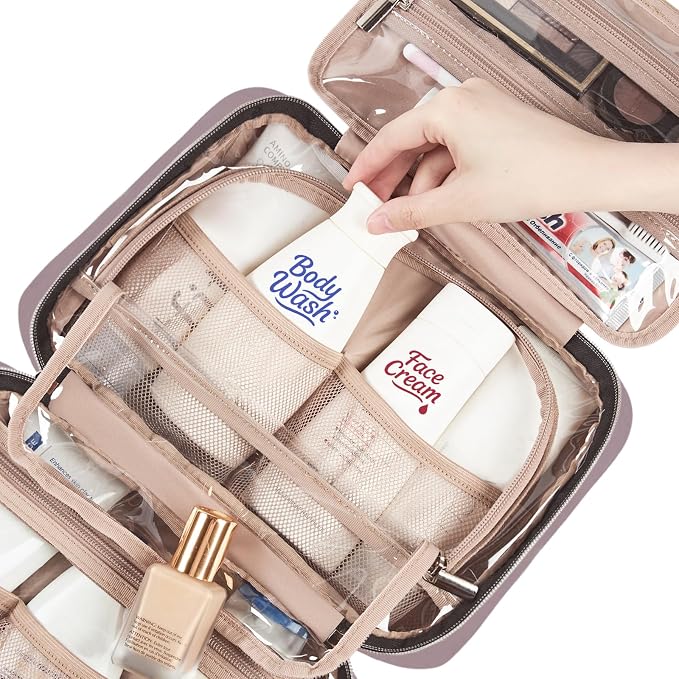 NISHEL Travel Toiletry Bag for women, Portable Hanging makeup Organizer | for Travel-Sized Shampoo, Conditioner, Brushes Set, makeup Accessories, Medium Size, Peach Pink