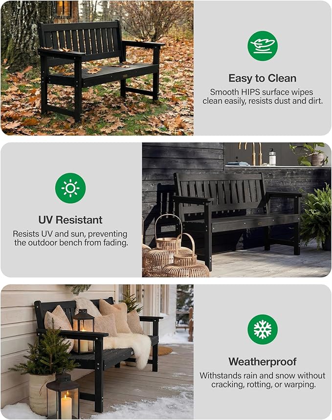 YEFU Outdoor Bench Weatherproof for Patio: 2-Person HIPS All Weather Garden Benches - Comfortable & Heavy Duty Patio Benches for Front Porch Backyard Park - Outside Furniture Bench Set of 2, Black