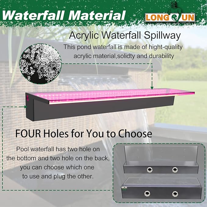 LONGRUN Acrylic Waterfall Spillway Multi-Color LED Light Pool Fountain, Water Spillway Outdoor Koi Pond Waterfalls Fountains Kit for Garden Koi Ponds Patio Swimming Pool Decoration-35.4"