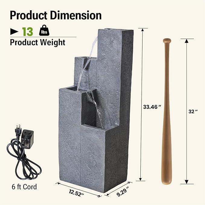 33-Inch Modern Outdoor Water Fountain, 4-Tier Resin Garden Waterfall Fountain, with Soothing Water Sound & Warm LED Light, Home Decor for Patio, Yard, Porch, Deck, Lawn or Balcony in Gray