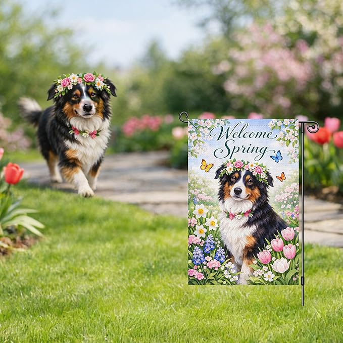 Heyfibro Welcome Spring Garden Flag 12x18 Inch Double Sided Australian Shepherd Dog Garden Flag Small Yard Flags for Outside House Farmhouse Seasonal Spring Outdoor Decorations