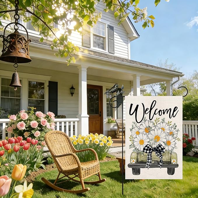 GEEORY Daisy Eucalyptus Truck Welcome Garden Flag 12x18 Inch, Double Sided Spring Summer Small Floral Flag, Farmhouse Rustic Outdoor Outside Yard Lawn Decoration