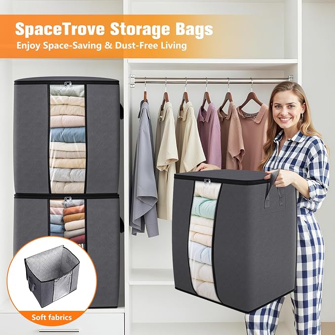 6 Pack Clothes Storage Bags 80L Blanket Storage Containers with Window Grey