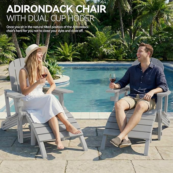 Vongrasig Adirondack Chairs Set of 2 with Removable Tabletop and Footrest, HDPE Plastic Outdoor Chair Set with Wooden Textured, Cup Holder for Patio, Poolside, Garden, Light Grey, 5 Pieces