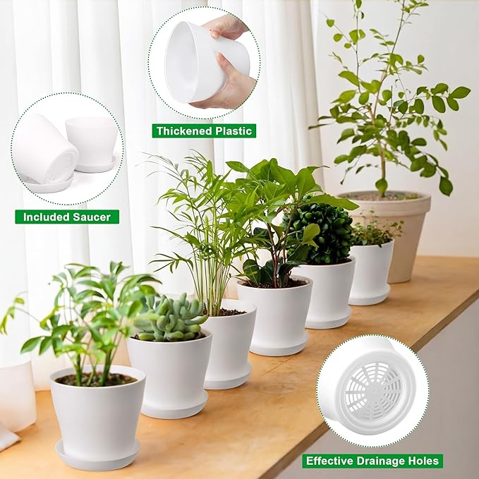 Hahood 48 Pack Plastic Planters 5.5 Inch Flower Plant Pots Indoor Set Thickened Seedling Nursery Pots Seed Starting Pots with Drainage Holes Saucers Mini Garden Tool for Home Office Garden, White