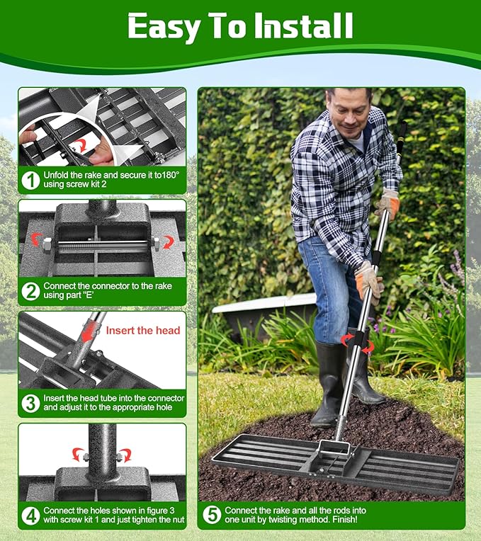 Heavy-Duty Lawn Leveling Rake Levelawn Tool with 30"x10" Plate & 6.2FT Adjustable Stainless Steel Handle Effortlessly Levels Soil/Dirt Surfaces in Lawn, Garden, Backyard, Golf Course, Farm, Pasture