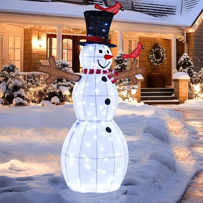 Tangkula 4.8 FT Christmas Lighted Snowman with Red Birds, Indoor Outdoor Pre-Lit Xmas Snowman with 120 LED Lights, Zip Ties & Ground Stakes, Snowman Holiday Decoration for Front Porch, Yard, Garden