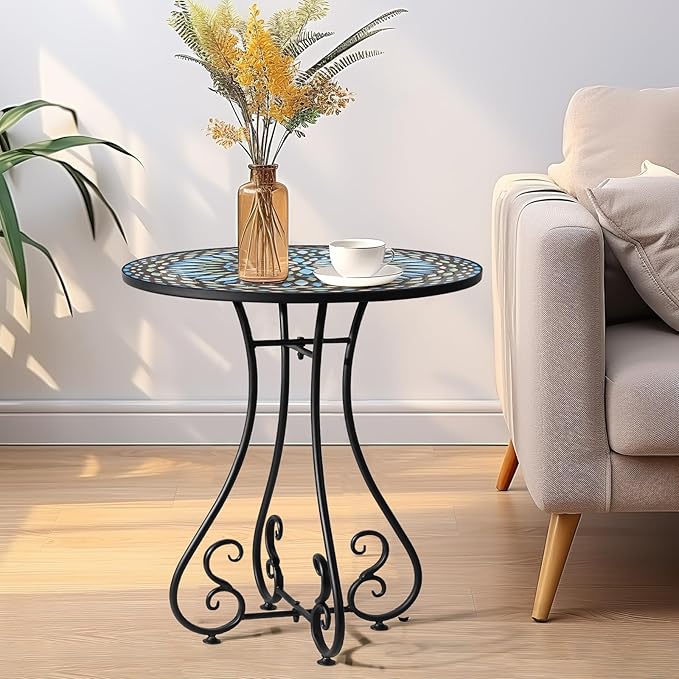 18" Round End Table, Unique Relief Ceramic Tile Tabletop with Metal Frame, Metal Scrollwork Accent Outdoor Side Table