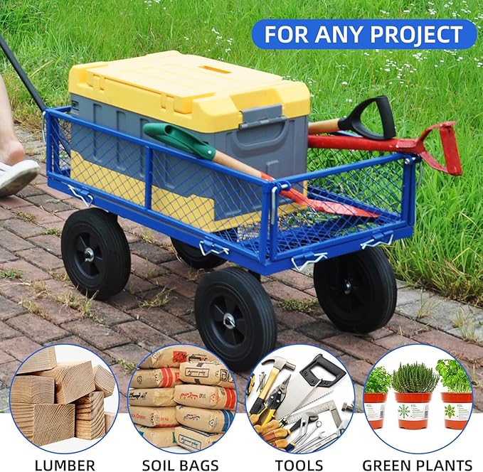Heavy Duty 480 Lbs Capacity Mesh Steel Garden Cart Folding Utility Wagon with Removable Sides, Solid Wheels Tools Cart Wagon Cart, Easier to Transport Firewood (Blue)