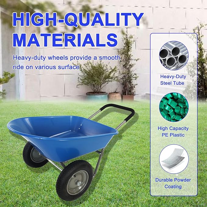 Dual-Wheel Garden Wheelbarrow, 5 Cubic Feet Poly Tray Wheel Barrow with Two 15-Inch Pneumatic Tires, 300 lb Capacity Lightweight Yard Cart for Lawn, Garden, Landscaping & Home Use,Blue