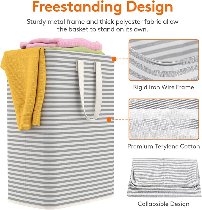 Lifewit 65L Small Laundry Baskets, 1 Pack, Reinforced Handles, Grey