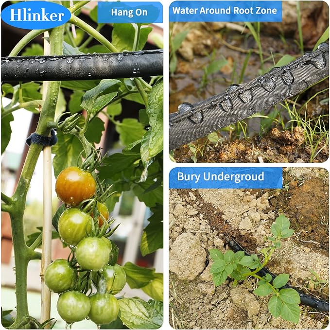 Hlinker Flat Soaker Hose 25 50 FT for Garden Beds, 50Ft (25FT X 2) 1/2" Linkable Consistent Drip Irrigation Hose Save 80% Water, Leakproof Heavy Duty Double Layer Sprinkler Hose