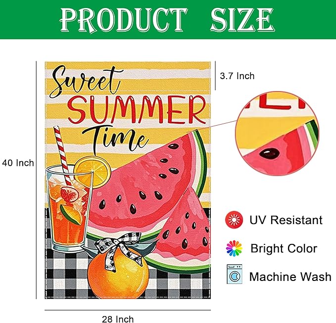 Sweet Summer Time Garden Flag Watermelon Buffalo Plaid 28 X 40 Inch Welcome Small Flags for Outside, Fruit Double Sided Burlap Juice Lemon Holiday Seasonal Banner Farmhouse Outdoor Yard Decoration