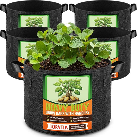 Jorvila 5 Pack 15 Gallon Grow Bags, Thickened Nonwoven Fabric Planter Pots with Handles, Heavy Duty 300G Garden Pots for Tomato, Potato and Vegetable