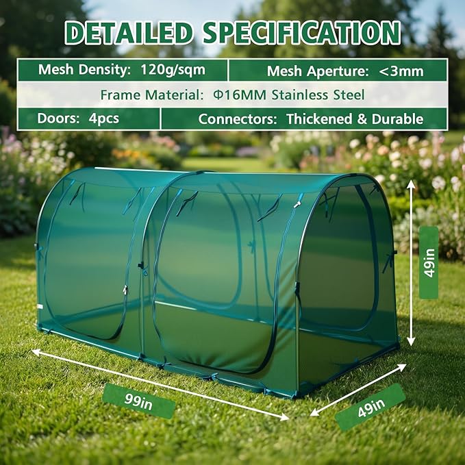 99x49x49 Inch Crop Cage, Portable Tunnel Plant Netting Cover Tomato Netting, 4 Roll-Up Zipper Door Garden Cage, Bug Netting Cover for Vegetables & Fruits, Durable Raised Garden Bed Covers