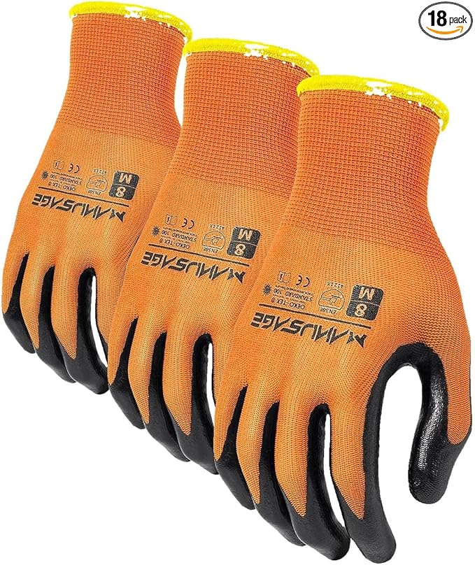MANUSAGE Safety Work Gloves for Men and Women - Nitrile With Touchscreen Fingers and Grip - Mechanics Gloves (Size XL, Orange, 6-Pairs)