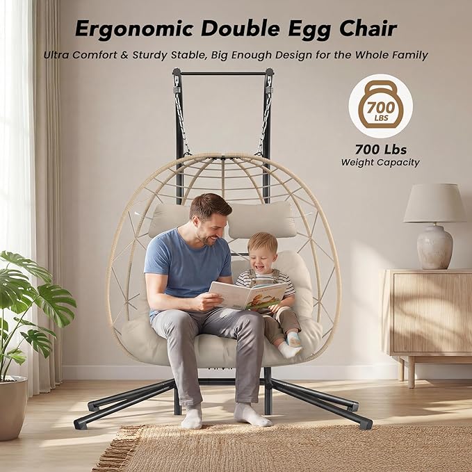 Easyego 2-Person Wicker Hanging Egg Chair with Stand- 700 lb Capacity, Indoor/Outdoor Double Egg Swing Hammock Chair for Patio, Garden, Porch, Living Room, Bedroom-Khaki
