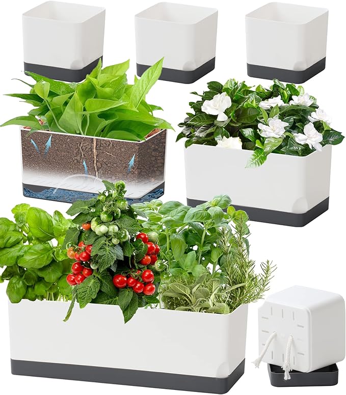 Self Watering Planters Pots for Indoor Plants, 7 Pack 4+8+17 Inch Plastic Window Boxes Planters Herb Planter, Rectangle Rectangular Planter Windowsill Planters with Drainage and Saucer
