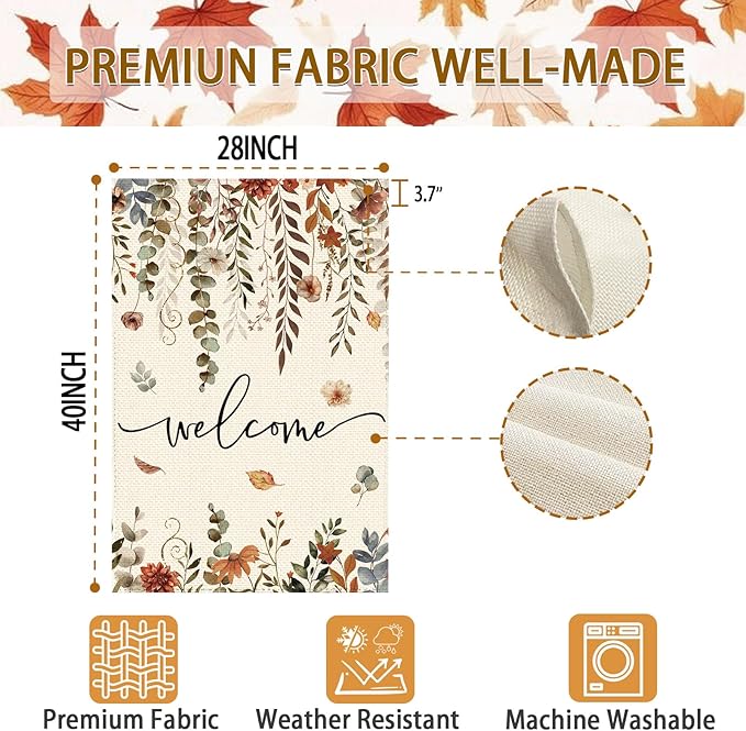 Fall Thanksgiving Eucalyptus Floral Welcome Garden Flag 28 x 40 Inch Double Sided, Autumn Flower Burlap Large Yard House Flag Farmhouse Seasonal Holiday Patio Outdoor Outside Decoration