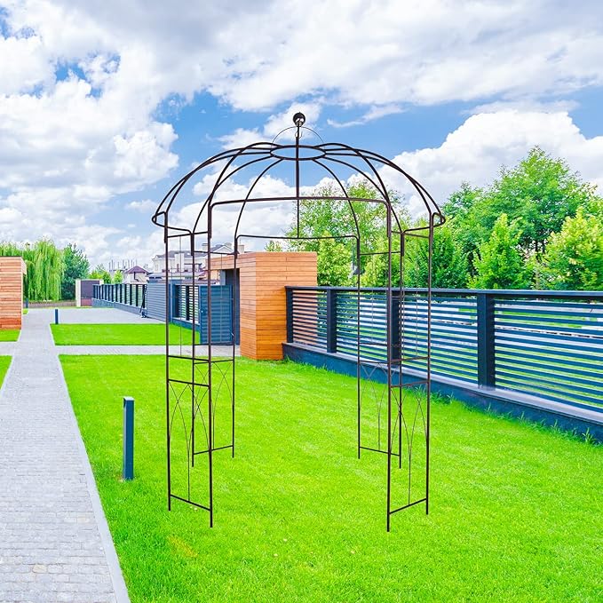 Metal Gazebo Pergola Pavilion Arbor Arch Trellis French Style with Hook 9' Highx 6'6" Wide for Various Climbing Plants Support Outdoor Garden Decoration, Dark Rust