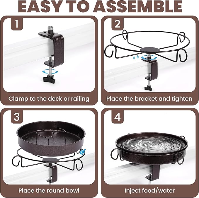 Deck Mounted Bird Bath 12 Inches,with Adjustable Metal Clamp Up to 3.4 Inches,Wall Mount Bird Bath for Railing,Fence,Patio
