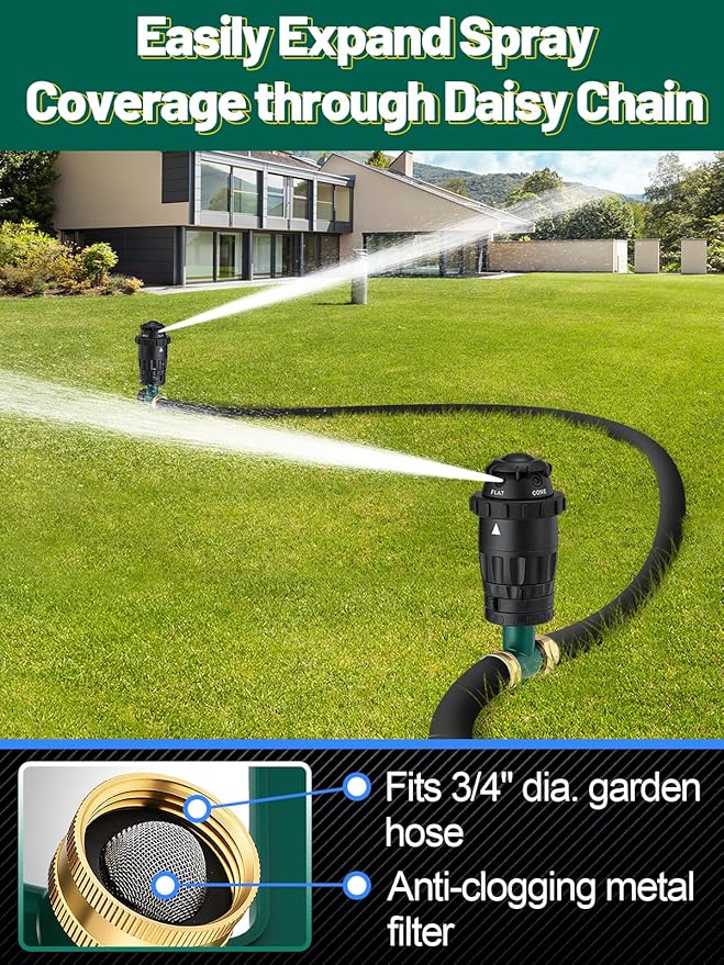 Adjustable Spray Coverage Sprinklers for Yard - Sturdy Aluminum Alloy Spike & 5 Spray Patterns Lawn Sprinkler, Efficient Irrigation System for Medium Garden Uneven Ground