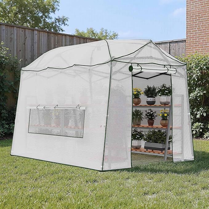 11 x 8.5 ft Pop-up Greenhouse, Walk-in Garden Green House, 4-Sided Ventilation, Heavy Duty Steel Frame, Weather-Resistant PE Cover for Indoor Outdoor with Zippered Doors