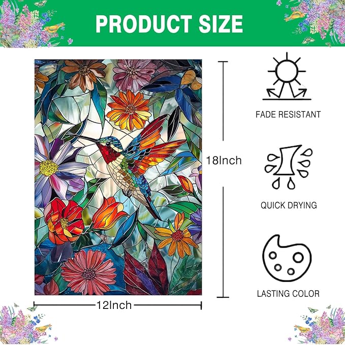 Stained Glass Spring Hummingbird Garden Flag 12x18 Inch Double Sided for Outside, Colorful Small Large Burlap Yard Flag for Summer Farmhouse Holiday Outdoor Decorations