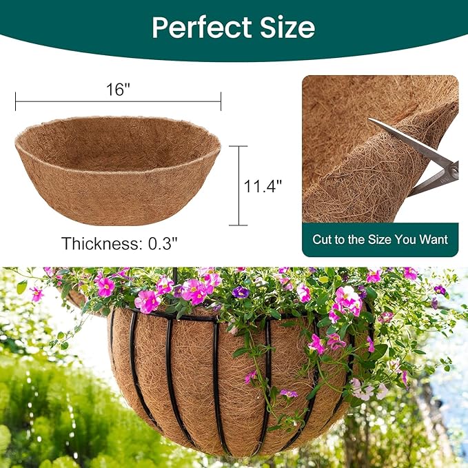3 Pcs 16in Round Coco Liner for Hanging Basket Wall Planter Replacement Coco Coir Liner for Window Box, 100% Natural Coconut Fiber Fence Flower Baskets Pot for Porch, Patio & Garden (3, 16 inch)