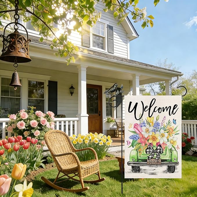 GEEORY Butterfly & Daffodil Hyacinths Floral Truck Welcome Garden Flag 12x18 Inch, Double Sided Spring Summer Decor, Farmhouse Rustic Outdoor Flag Outside Yard Lawn Decoration