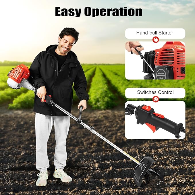 2 Stroke Tiller Cultivator, 51.7CC 6500RPM Garden Mini Tiller Rototiller Gas Powered Rotary Cultivator Handheld Single-Cylinder Rototiller Garden Tool with 1.1L Fuel Tank for Farm Loose Soil Weeding