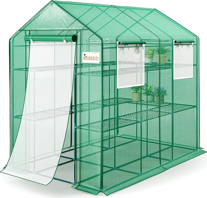 KING BIRD Premium Greenhouse for Outdoors, 84x56x77 Upgraded PVC Cover & Heavy Duty Steel Frame Walk-in Portable Green House for Outside Garden, Screen Windows & Mesh Door, 3 Tiers 14 Shelves, Green