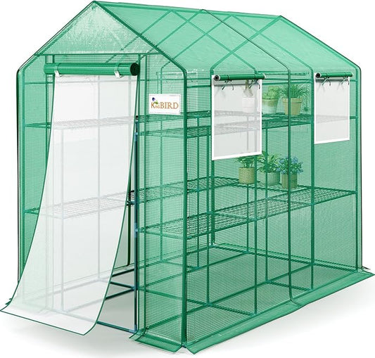 KING BIRD Premium Greenhouse for Outdoors, 84x56x77 Upgraded PVC Cover & Heavy Duty Steel Frame Walk-in Portable Green House for Outside Garden, Screen Windows & Mesh Door, 3 Tiers 14 Shelves, Green