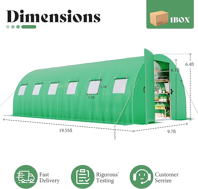 AMERLIFE 20×10 FT Tunnel Greenhouse with Built-in Sprinkler System, Walk-in Greenhouse for Backyard Gardening, Heavy Duty Galvanized Steel Frame & Waterproof PE Cover, Green