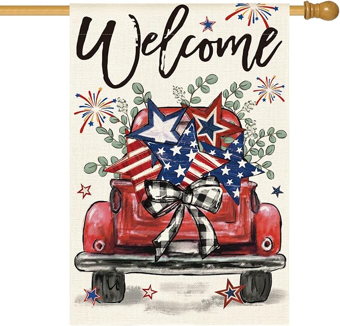 AVOIN colorlife Welcome Patriotic 4th of July Truck House Flag 28x40 Inch Double Sided, Rustic Farmhouse Yard Outdoor Decoration