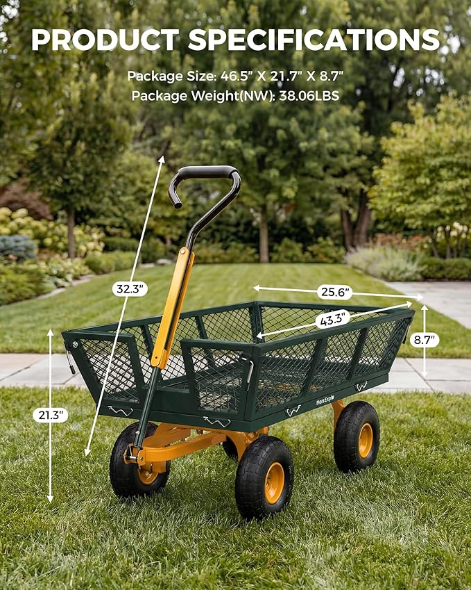 900 Lbs Heavy Duty Steel Garden Cart, Outdoor Metal Garden Wagon On Wheels, Utility Yard Cart with Mesh Removable Sides(Convert to Flatbed) and Removable Handle to Wheel Barrow, Green