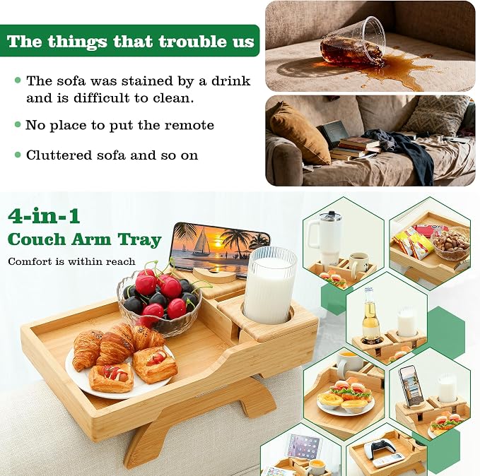 GHKINMAL Bamboo Couch Cup Holder, 4 in 1 Couch Arm Trays with 360°Rotated Phone Holder, Non-Slip Clip on Side Table for Drinks/Remote/Snacks, Ideal Gift for Husband, Wife, Parents
