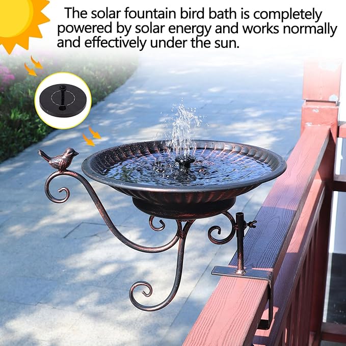 HLQMFHT Solar Bird Bath,Deck Bird Bath with Solar Fountain,Metal Bird Bath Bubbler,Deck Mounted Bird Bath,Adjustable Sturdy Balcony Bird Bath,Patio Garden Decor（Bronze）