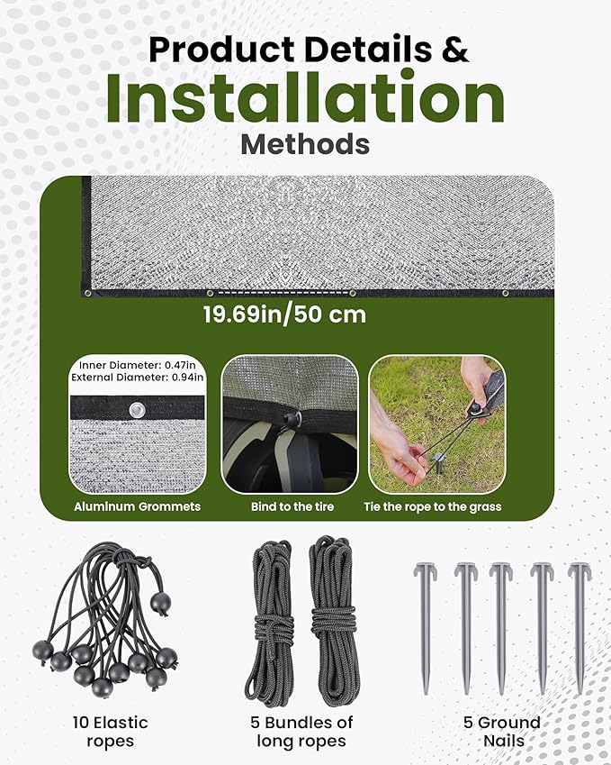 99% Aluminet Shade Cloth 8'x12' Aluminum Shade Cloth Heat Protection Reflective Tarp Aluminet Car Shade with Elastic Cord & Nylon & Rope Nails Suitable for UV Protection for Outdoor Use