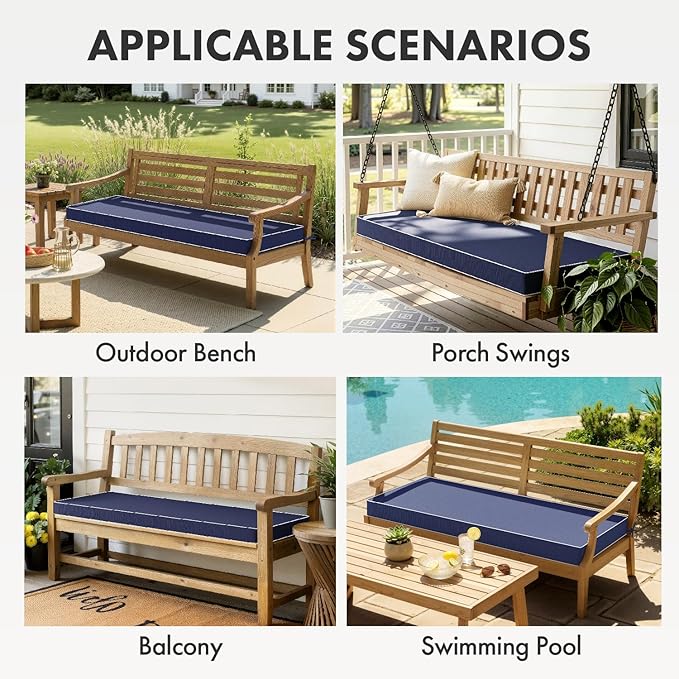 MIULEE Navy Outdoor Bench Cushion 42x18x3 Inch Waterproof 3-Year Color Fastness Patio Furniture Cushions for Porch Swing, Garden Bench Sofa Couch with Adjustable Ties No Slip Design