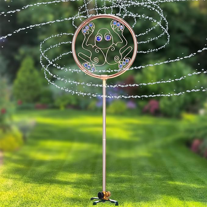34" Tall Copper-Coated Stainless Steel Garden Sprinkler, 360° Rotating Decorative Ornamental Sprinkler for Lawn, Yard & Landscape Watering (Frog)