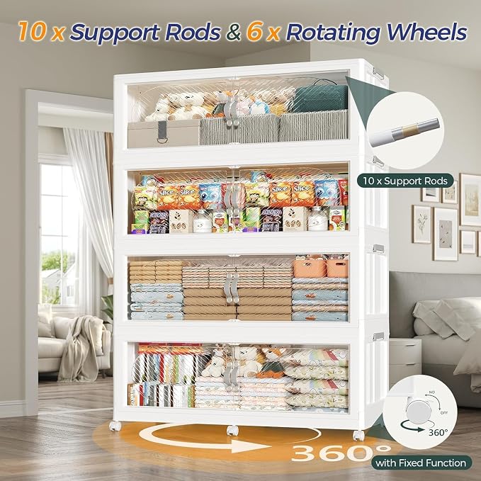1200QT Extra Large Stackable Storage Bins with Lid, 300Gal Plastic Closet Organizers and Storage Drawer, Collapsible Cabinet Box with Wheels Clear Doors for Home Kitchen Office, 5Pack White